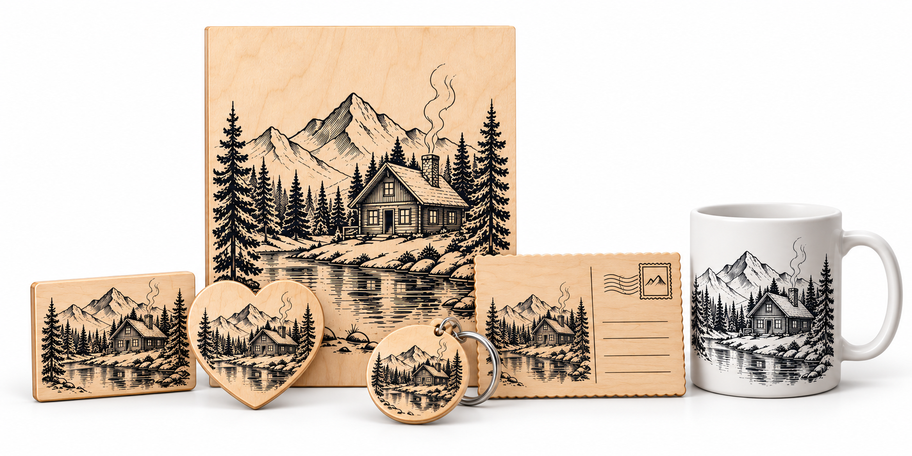 Ligna Illustrata : affiche bois, magnets, porte-clé, carte et mug au motif chalet de montagne