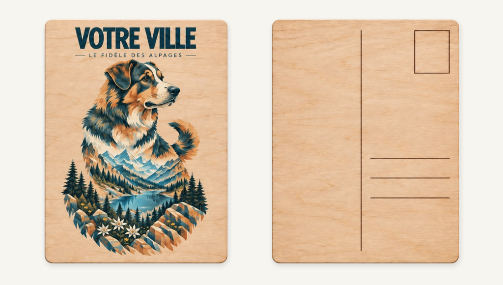 [NAT-STR-003_CP-BOIS] NATURA STRATA — Le chien de montagne (Carte postale bois)