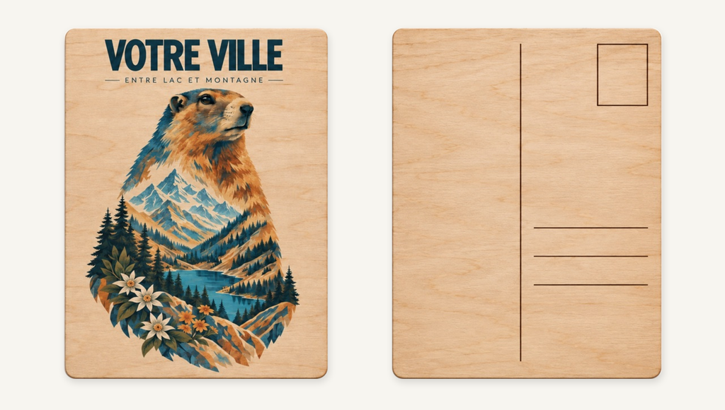 [NAT-STR-004_CP-BOIS] NATURA STRATA — La marmotte au bord du lac (Carte postale bois)