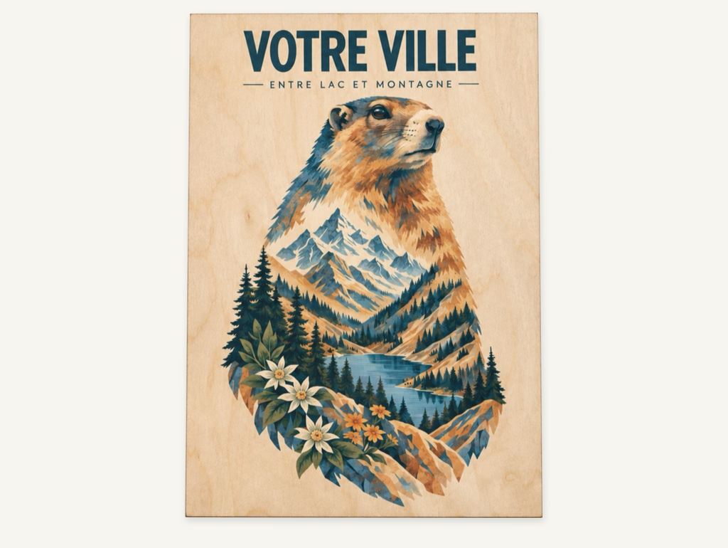 [NAT-STR-004_A4-BOIS] NATURA STRATA — La marmotte au bord du lac (Affiche bois A4)