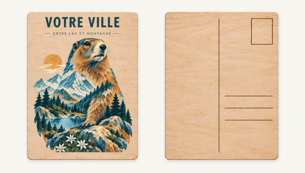 [NAT-STR-010_CP-BOIS] NATURA STRATA — La marmotte au soleil (Carte postale bois)